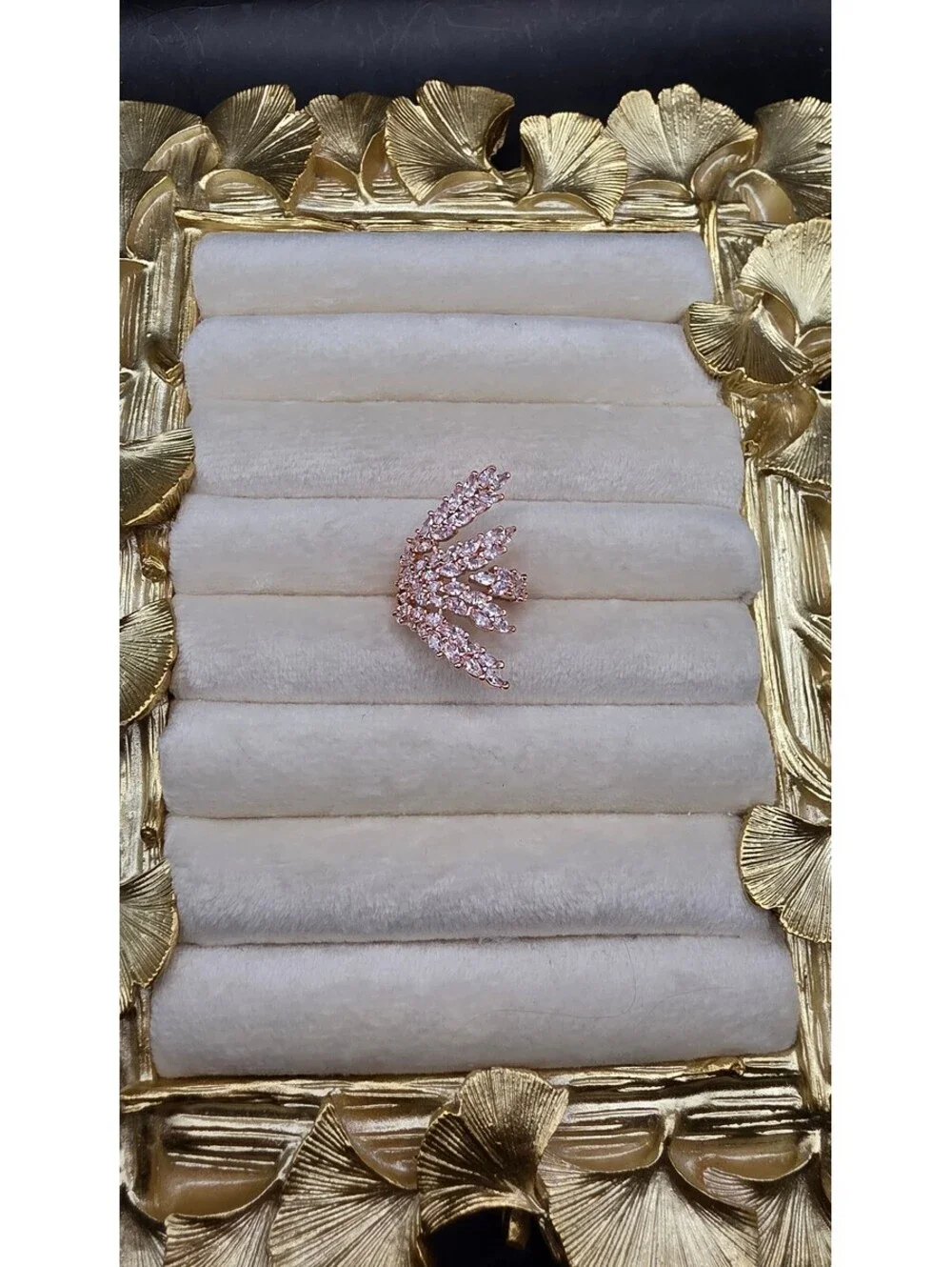 Adjustable 18K Gold Plated Wheat Spike Ring with Zirconia Stones